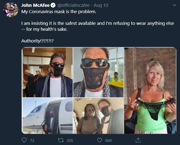 Техномагната Джона Макафи задержали за ношение женских трусов вместо маски